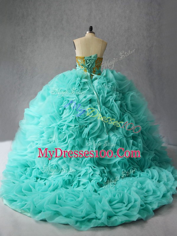 Custom Made Aqua Blue Sweetheart Neckline Beading and Ruffles 15 Quinceanera Dress Sleeveless Lace Up