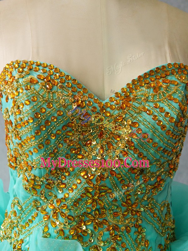 Custom Made Aqua Blue Sweetheart Neckline Beading and Ruffles 15 Quinceanera Dress Sleeveless Lace Up