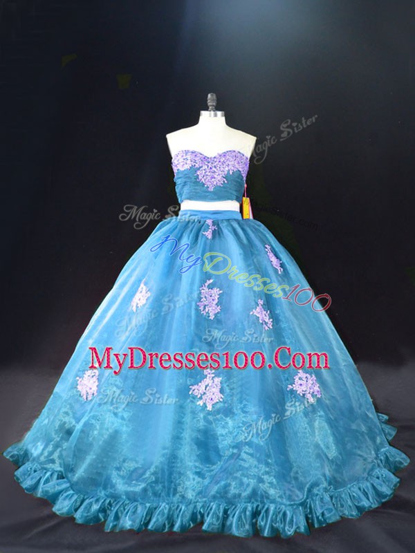 Elegant Aqua Blue Sleeveless Brush Train Appliques Vestidos de Quinceanera