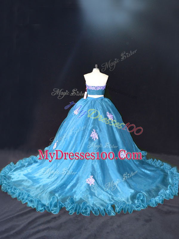 Elegant Aqua Blue Sleeveless Brush Train Appliques Vestidos de Quinceanera