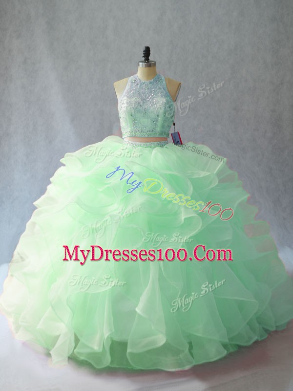 Sleeveless Beading and Ruffles Backless Quinceanera Dresses with Apple Green Brush Train