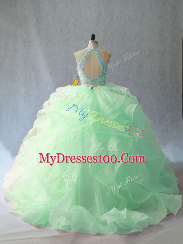 Sleeveless Beading and Ruffles Backless Quinceanera Dresses with Apple Green Brush Train
