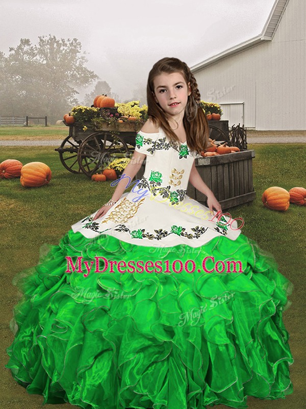 Most Popular Green Organza Lace Up Kids Pageant Dress Sleeveless Floor Length Embroidery and Ruffles