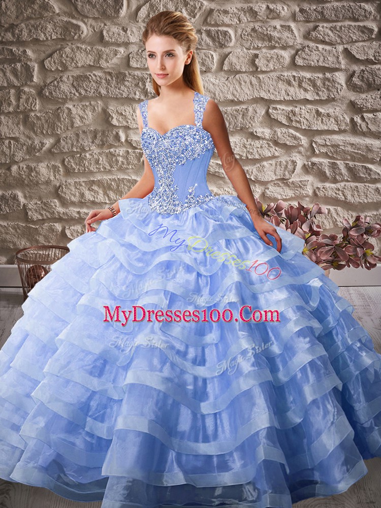 Decent Sleeveless Beading and Ruffled Layers Lace Up Quinceanera Gowns with Lavender Court Train