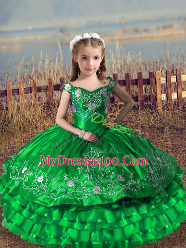 Ball Gowns Pageant Dress Green Off The Shoulder Satin and Organza Sleeveless Floor Length Lace Up