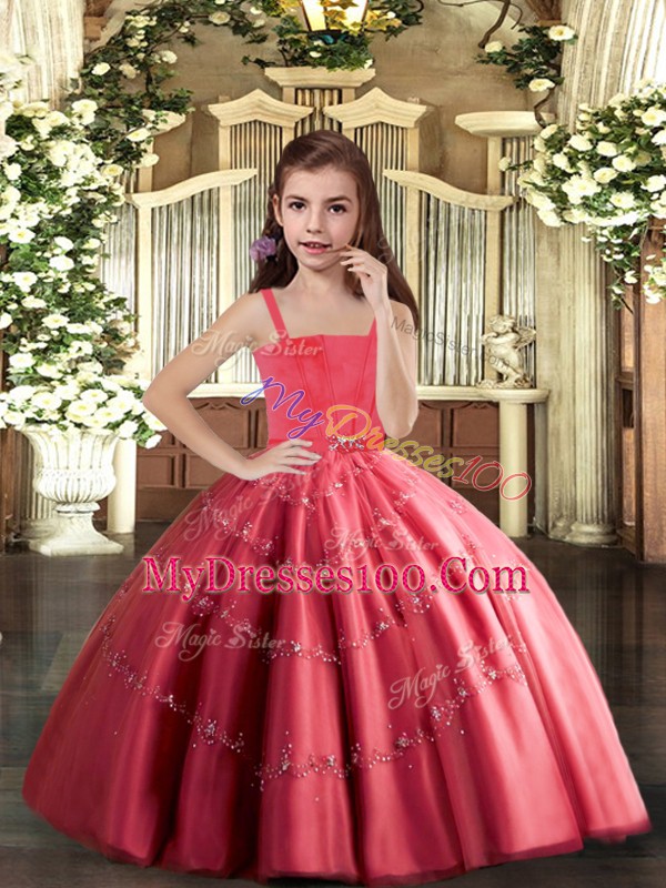 Beauteous Floor Length Lace Up Little Girl Pageant Gowns Coral Red for Party and Sweet 16 and Wedding Party with Beading