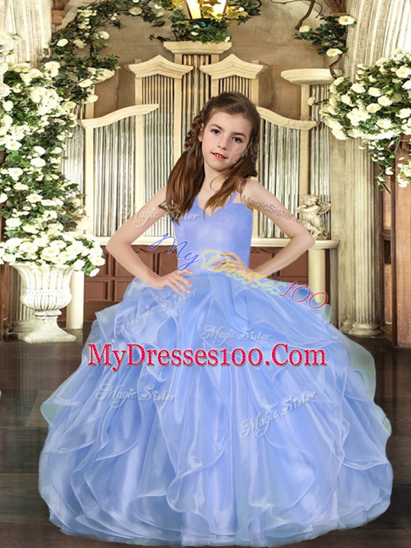 Lovely Ball Gowns Kids Pageant Dress Blue Straps Organza Sleeveless Floor Length Lace Up