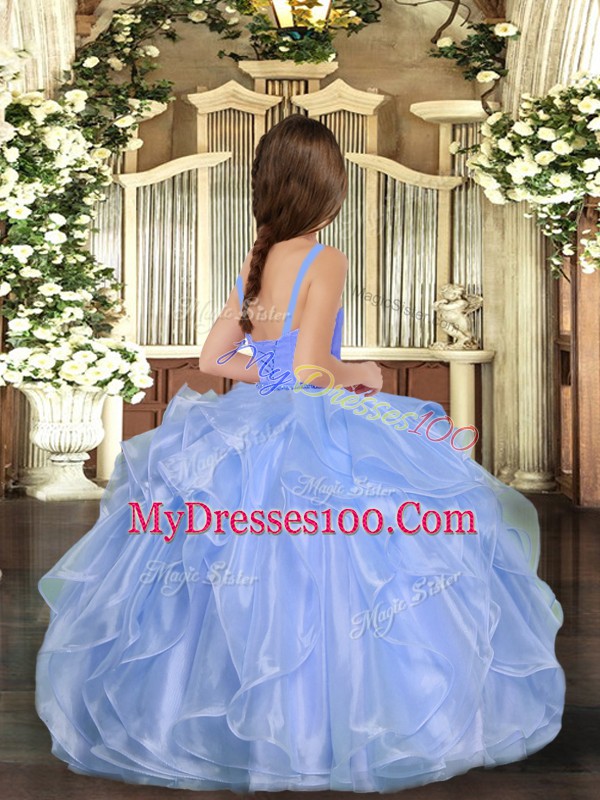 Lovely Ball Gowns Kids Pageant Dress Blue Straps Organza Sleeveless Floor Length Lace Up