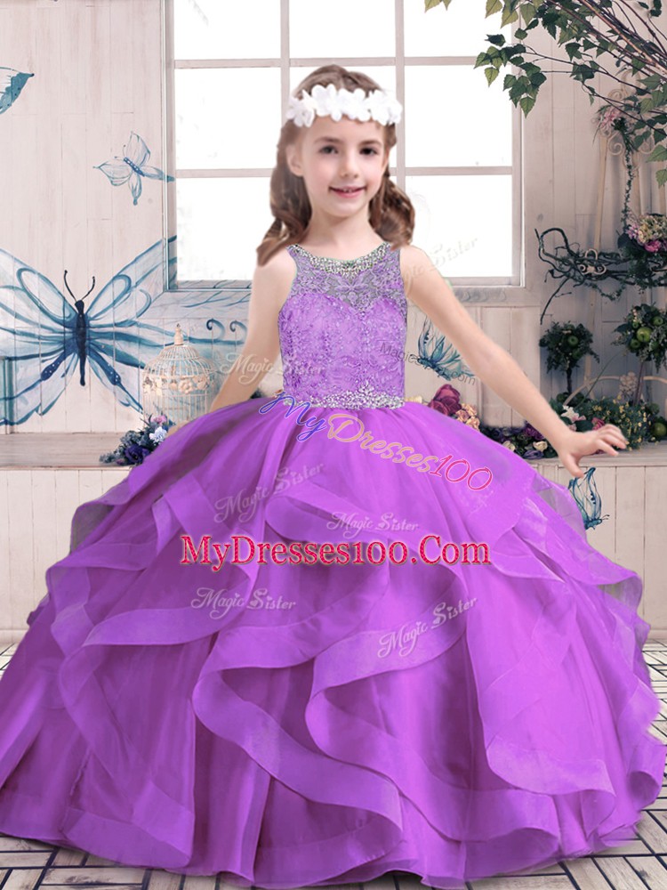 Floor Length Ball Gowns Sleeveless Purple Kids Pageant Dress Lace Up