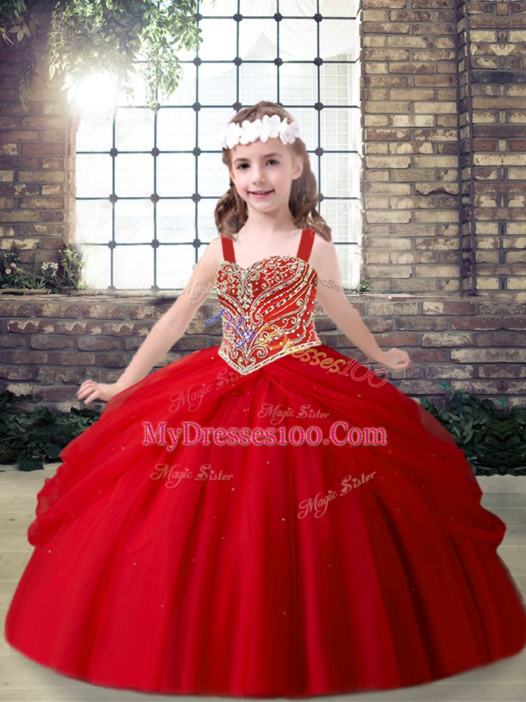 Cheap Floor Length Lace Up Pageant Dress Red for Party and Sweet 16 and Wedding Party with Beading