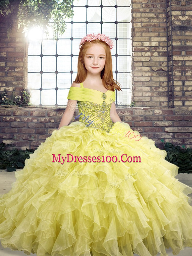Yellow Lace Up Straps Beading and Ruffles Girls Pageant Dresses Organza Sleeveless