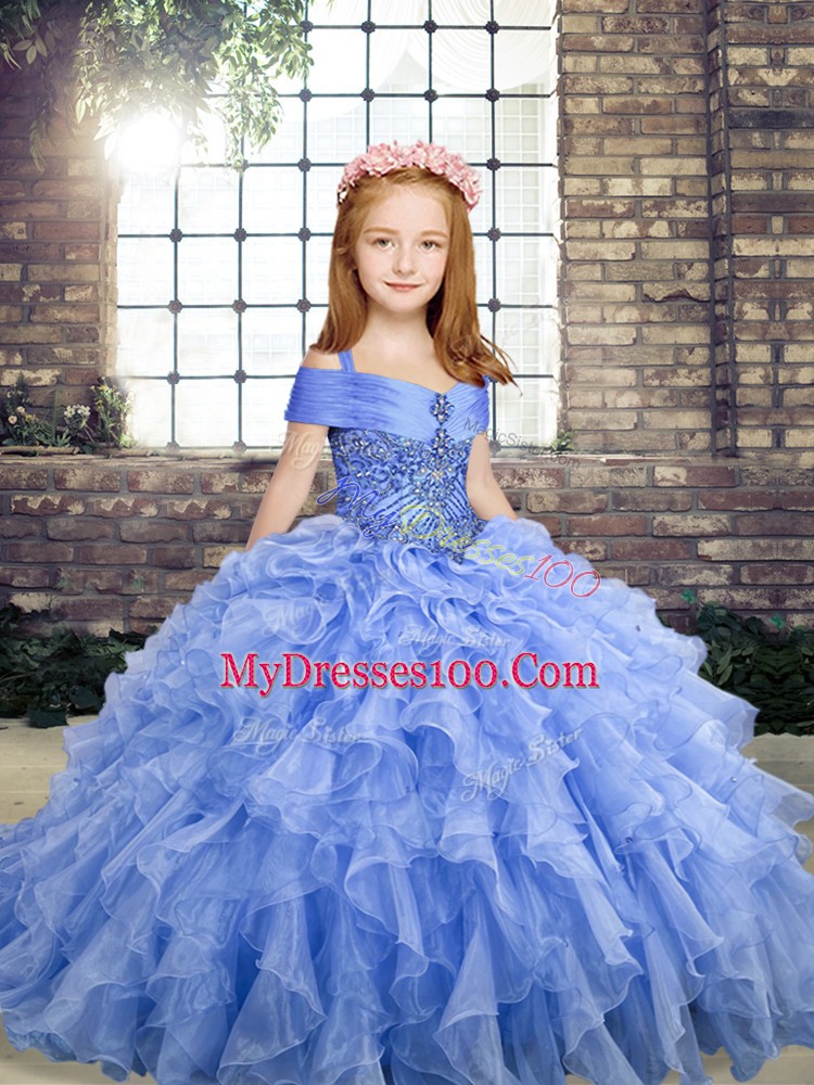 Lovely Straps Sleeveless Kids Formal Wear Floor Length Beading and Ruffles Blue Organza