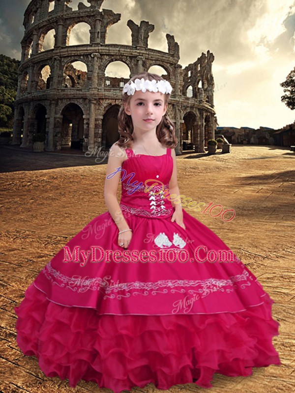 Latest Hot Pink Straps Neckline Embroidery and Ruffled Layers Little Girls Pageant Dress Wholesale Sleeveless Zipper