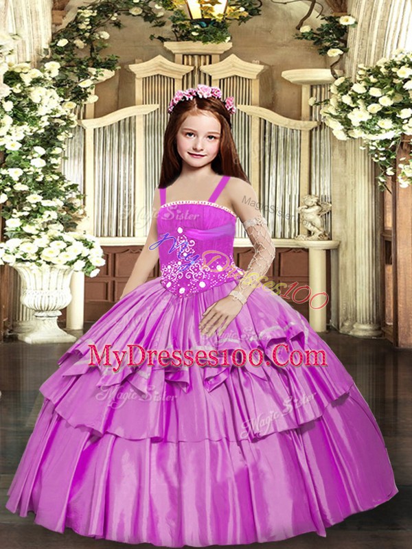 Top Selling Floor Length Lilac Kids Formal Wear Straps Sleeveless Lace Up