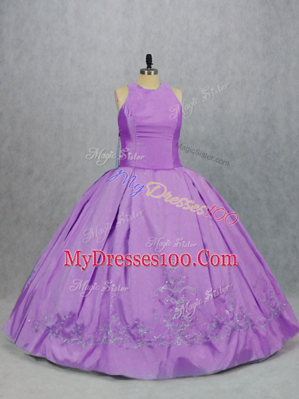 Lilac Ball Gowns Scoop Sleeveless Taffeta Floor Length Zipper Embroidery Quinceanera Gown