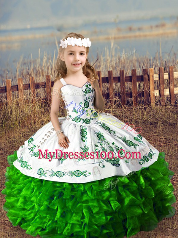 Low Price Green Sleeveless Embroidery and Ruffles Floor Length Kids Formal Wear