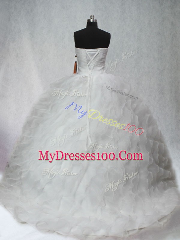 Traditional White Ball Gowns Beading and Ruching Sweet 16 Quinceanera Dress Lace Up Organza Sleeveless
