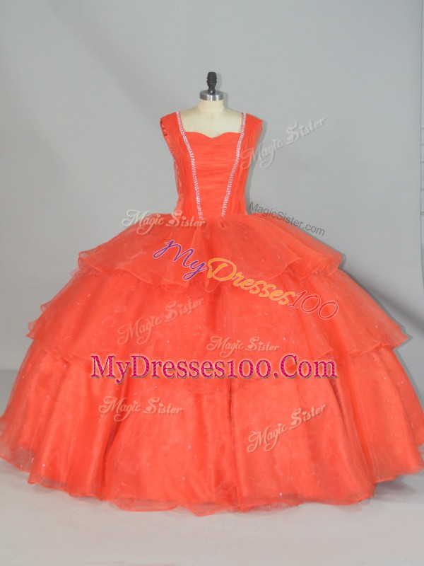 Orange Red Sleeveless Organza Lace Up Quince Ball Gowns for Sweet 16 and Quinceanera