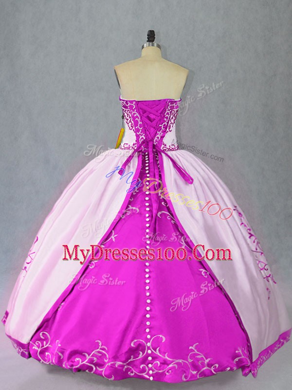 Fine Satin Sleeveless Floor Length Quinceanera Dresses and Embroidery