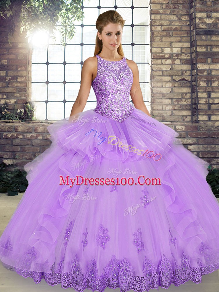 Custom Made Floor Length Lavender Sweet 16 Dresses Tulle Sleeveless Lace and Embroidery and Ruffles