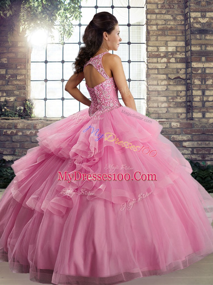 Custom Made Floor Length Lavender Sweet 16 Dresses Tulle Sleeveless Lace and Embroidery and Ruffles