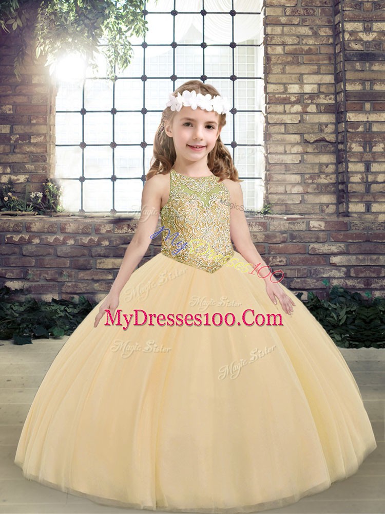 Eye-catching Peach Scoop Neckline Beading Little Girl Pageant Gowns Sleeveless Lace Up