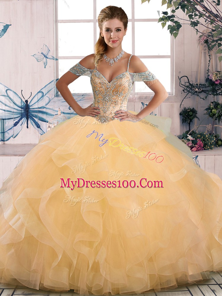 Edgy Gold Sleeveless Beading Floor Length Sweet 16 Dress