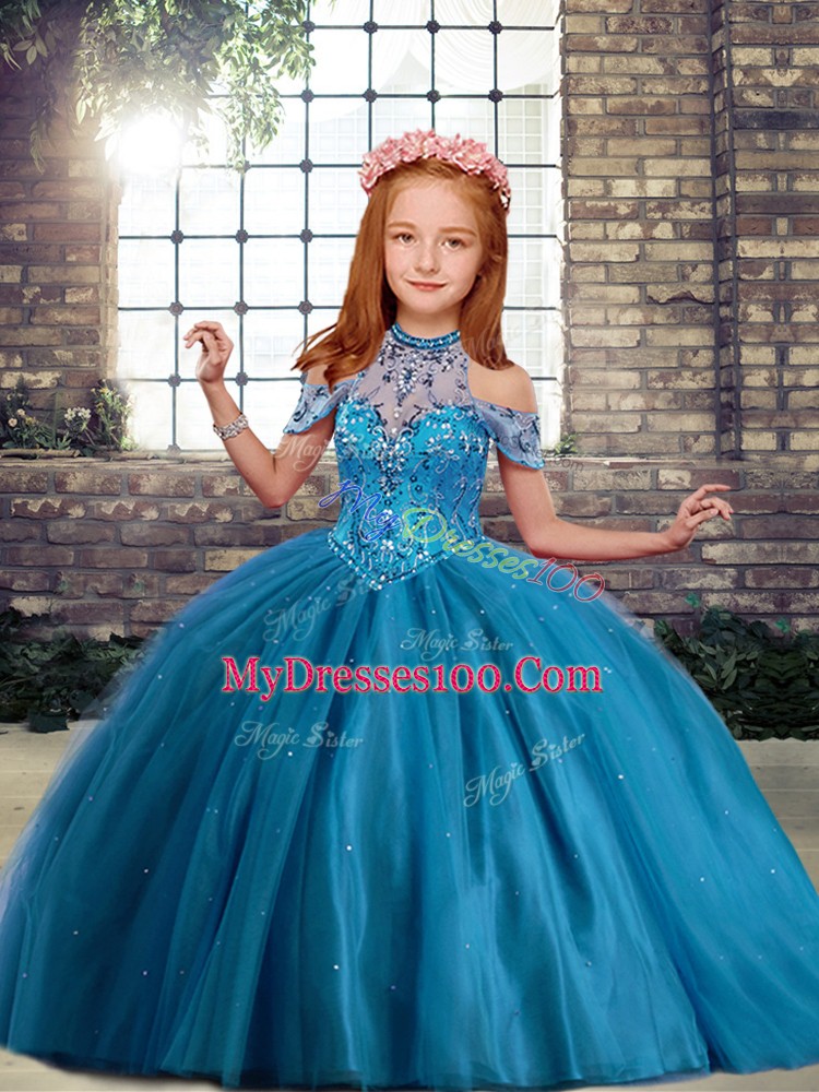 Floor Length Blue Little Girls Pageant Dress Wholesale Tulle Sleeveless Beading