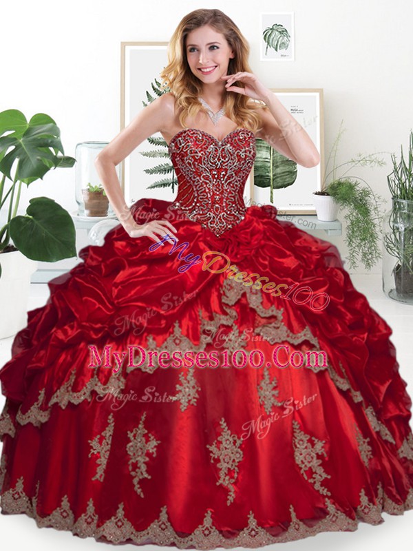 Sexy Wine Red Ball Gowns Sweetheart Sleeveless Organza Floor Length Lace Up Beading and Appliques and Pick Ups Ball Gown Prom Dress