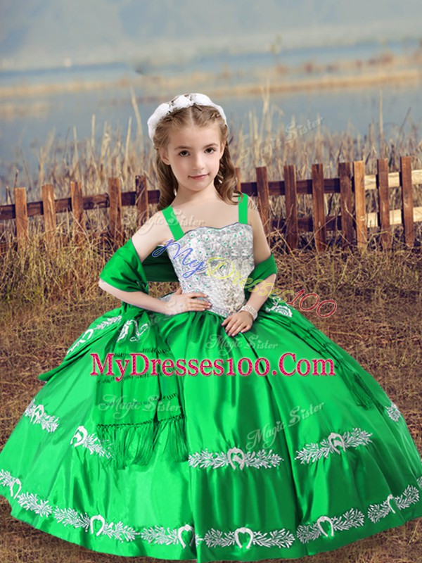 Stunning Green Straps Lace Up Beading and Embroidery Little Girl Pageant Dress Sleeveless
