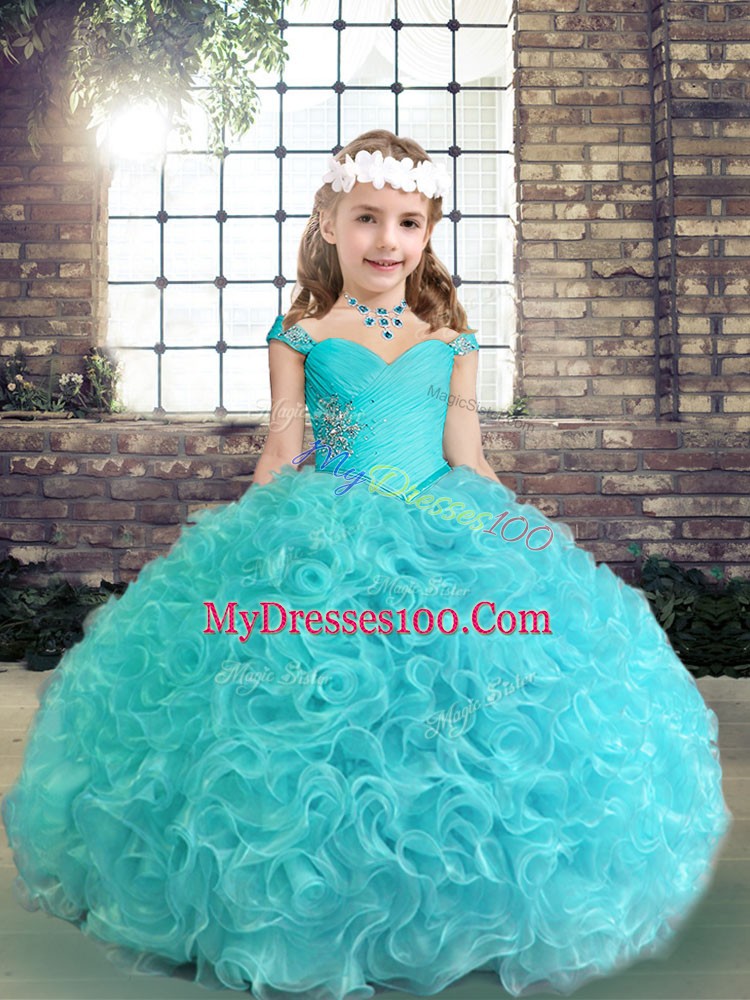 Sleeveless Floor Length Beading and Ruching Lace Up Little Girl Pageant Gowns with Aqua Blue
