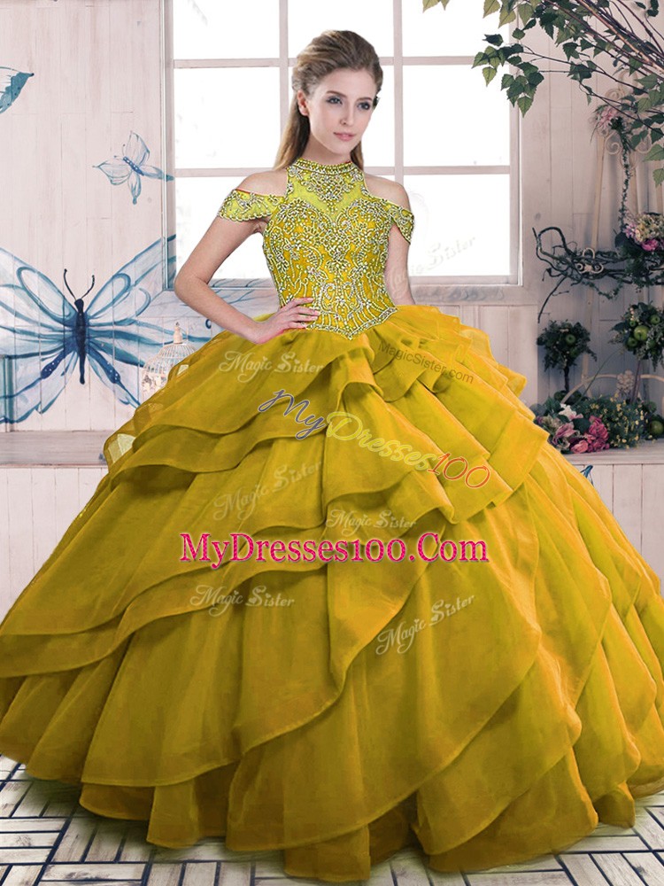 Hot Sale Brown Organza Lace Up Sweet 16 Dress Sleeveless Floor Length Beading and Ruffled Layers