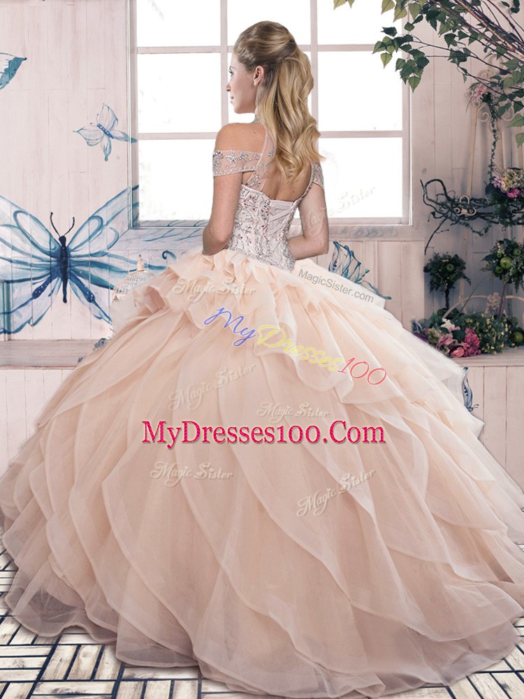 Hot Sale Brown Organza Lace Up Sweet 16 Dress Sleeveless Floor Length Beading and Ruffled Layers