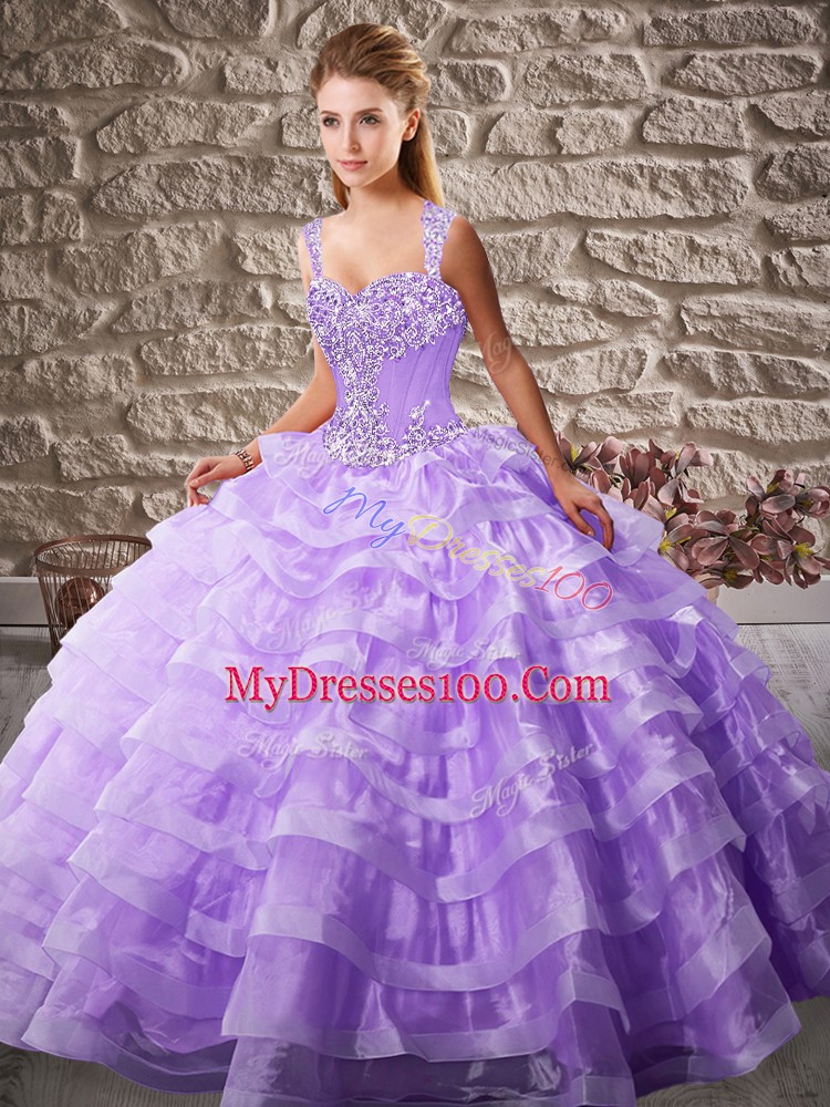 Sumptuous Straps Sleeveless Court Train Lace Up Quinceanera Gown Lavender Organza