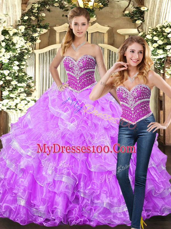 Spectacular Beading and Ruffles 15th Birthday Dress Lilac Lace Up Sleeveless Floor Length