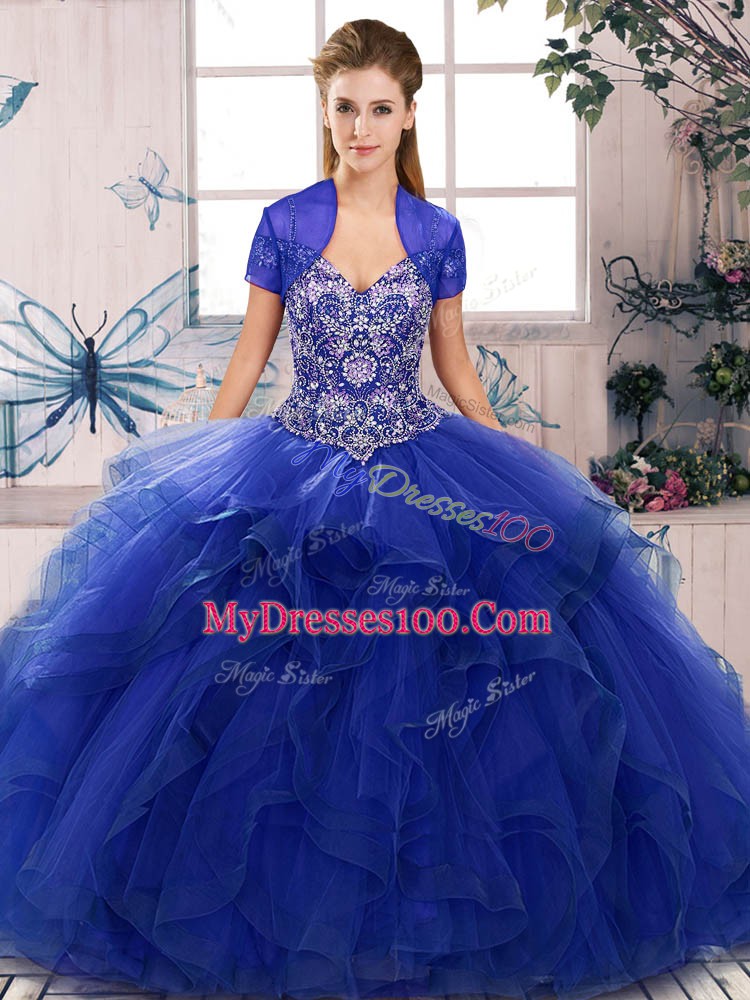 Custom Designed Off The Shoulder Sleeveless Quinceanera Dress Floor Length Beading and Ruffles Royal Blue Tulle
