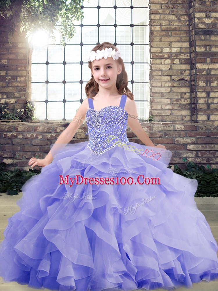 Fashion Floor Length Lace Up Winning Pageant Gowns Lavender and In with Beading and Ruffles