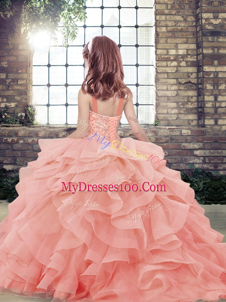Fashion Floor Length Lace Up Winning Pageant Gowns Lavender and In with Beading and Ruffles