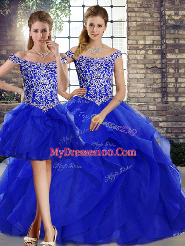 Beauteous Sleeveless Brush Train Beading and Ruffles Lace Up Quinceanera Dress