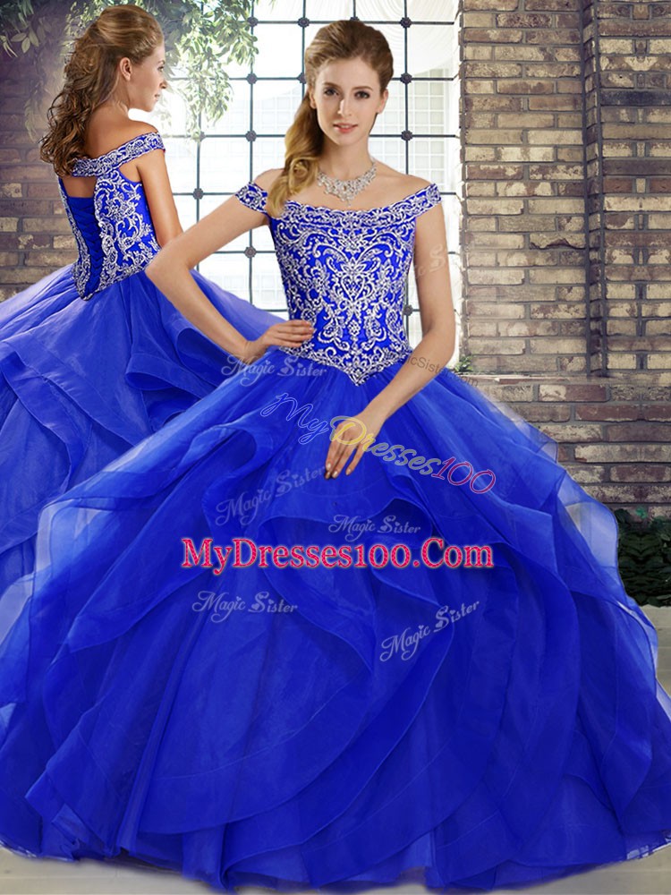 Beauteous Sleeveless Brush Train Beading and Ruffles Lace Up Quinceanera Dress