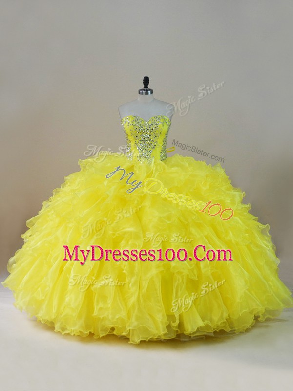Traditional Ball Gowns 15 Quinceanera Dress Yellow Sweetheart Organza Sleeveless Floor Length Lace Up