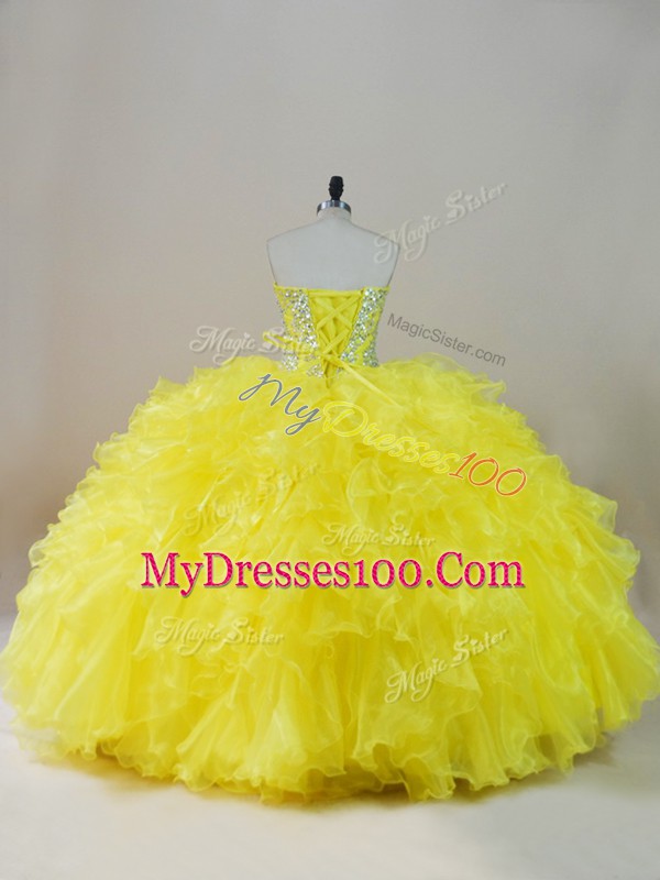 Traditional Ball Gowns 15 Quinceanera Dress Yellow Sweetheart Organza Sleeveless Floor Length Lace Up
