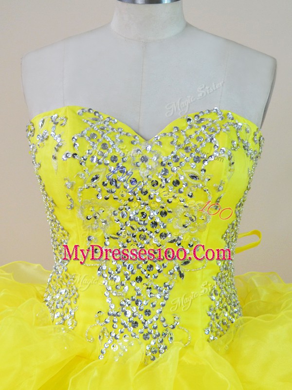 Traditional Ball Gowns 15 Quinceanera Dress Yellow Sweetheart Organza Sleeveless Floor Length Lace Up