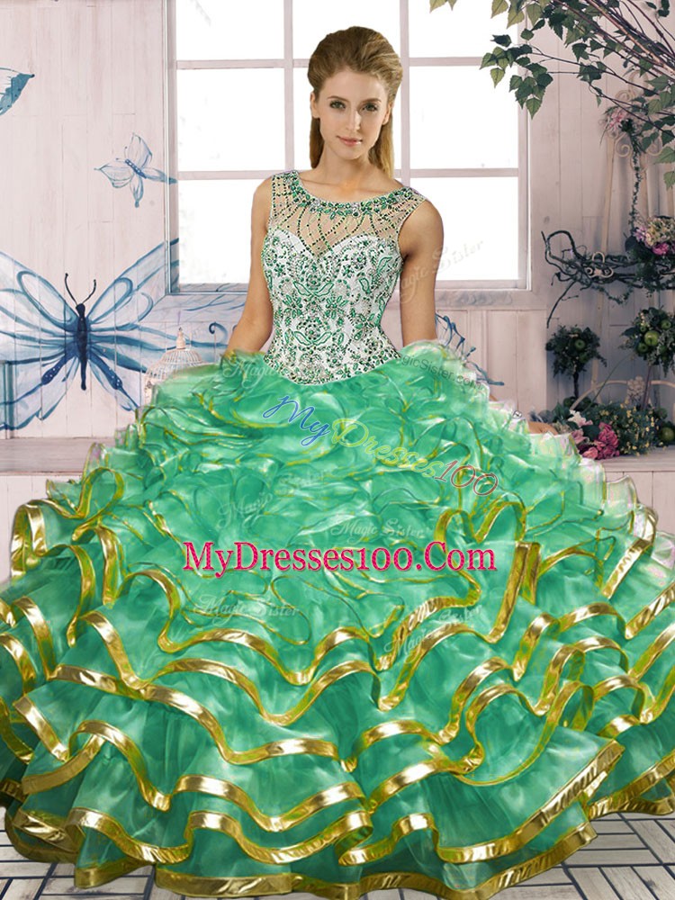 Turquoise Sweet 16 Quinceanera Dress Military Ball and Sweet 16 and Quinceanera with Beading and Ruffles Scoop Sleeveless Lace Up