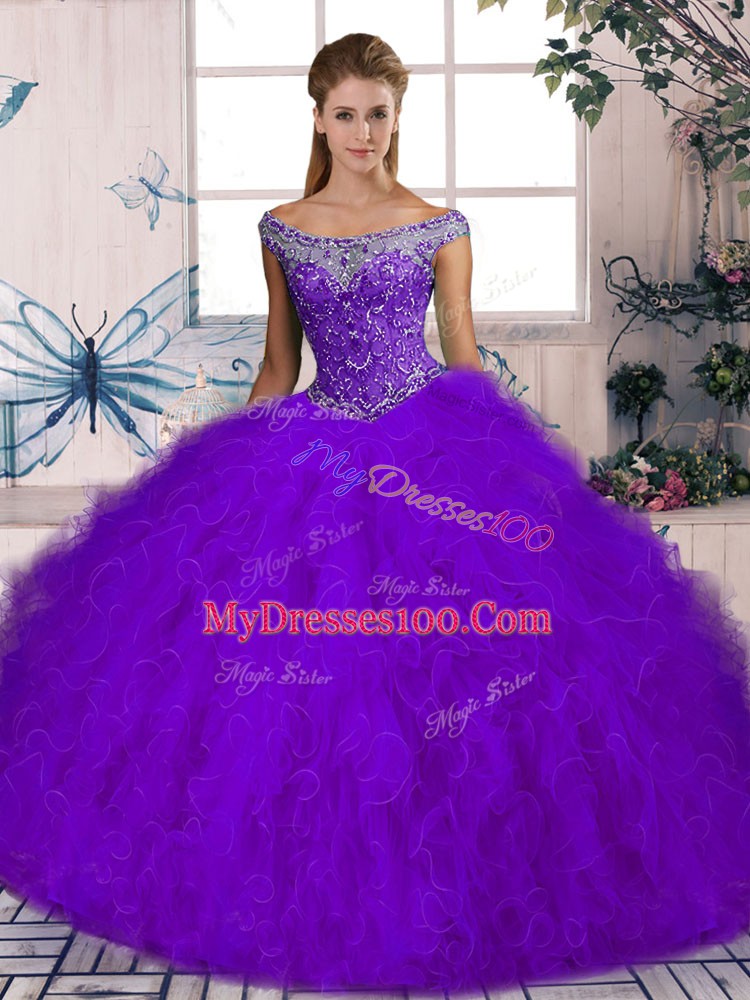 Deluxe Ball Gowns Sleeveless Purple Quinceanera Gown Brush Train Lace Up