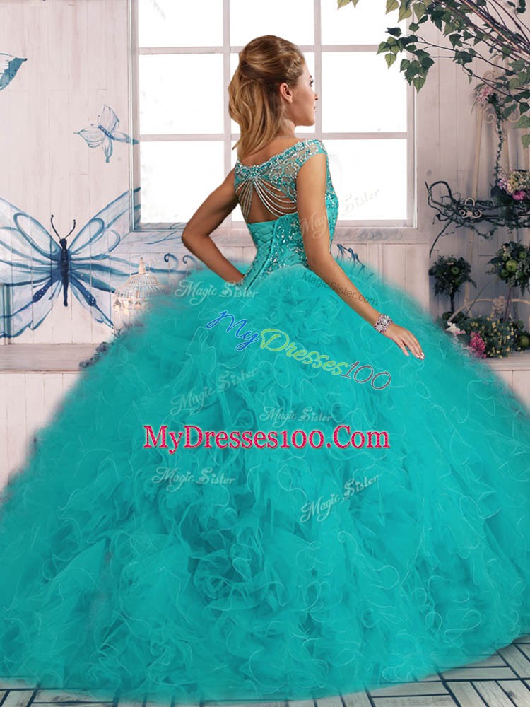 Deluxe Ball Gowns Sleeveless Purple Quinceanera Gown Brush Train Lace Up
