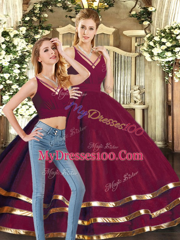 Flirting Burgundy Ball Gowns Tulle V-neck Sleeveless Ruffled Layers Floor Length Backless Sweet 16 Dresses