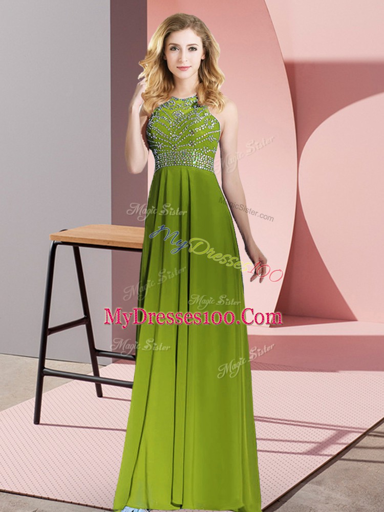 Pretty Beading Olive Green Backless Sleeveless Floor Length