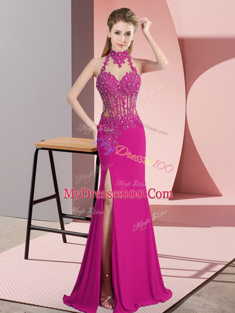 Comfortable Fuchsia Backless Evening Wear Lace and Appliques Sleeveless Floor Length
