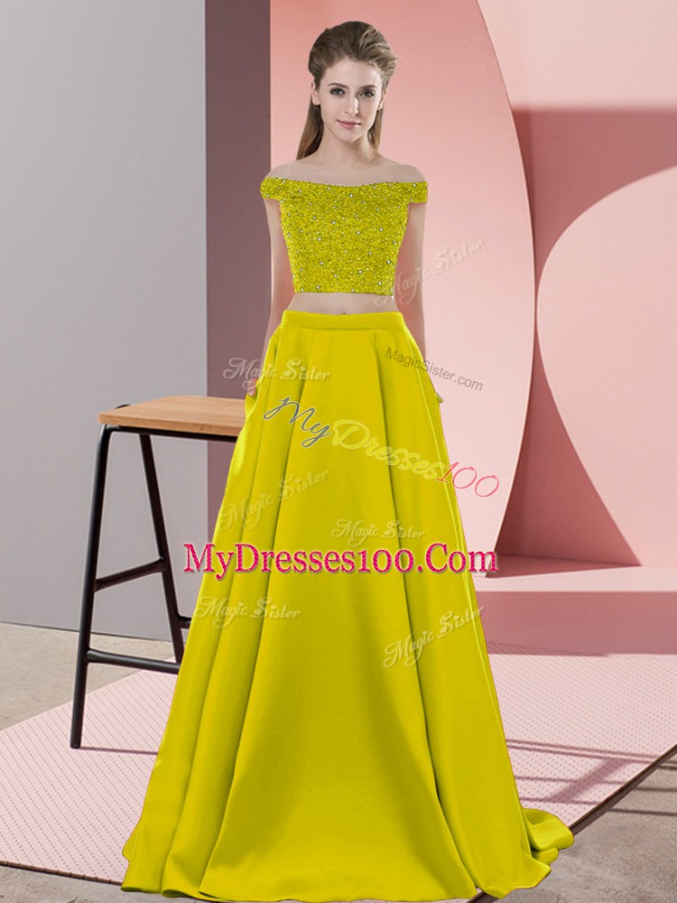 Olive Green Two Pieces Elastic Woven Satin Off The Shoulder Sleeveless Beading Backless Prom Dress Sweep Train